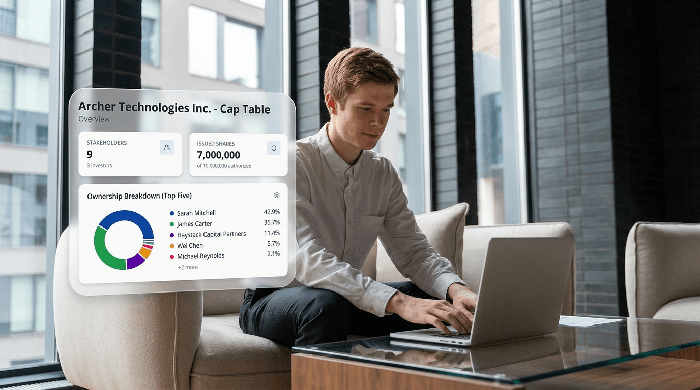 Veltroy Cap Table Dashboard — normal view showing stakeholder equity distribution, share classes, and ownership breakdown in a privacy-first capitalization table.